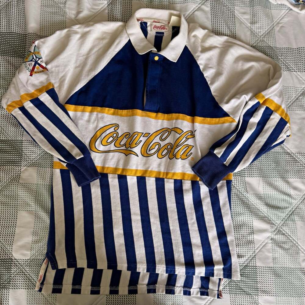 Coca-Cola Racquet Club 1987 Striped Rugby Shirt Long Sleeve Blue/White/Yellow